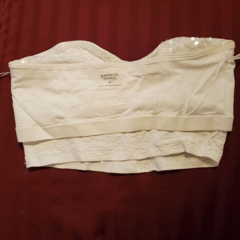 Express Super Sexy Stretch Sequin Crop Tube Top Sz L Light Creme Color - Picture 4 of 5